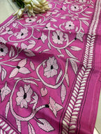 Pink Hand Embroidered Kantha Bangalore Silk Stole - Luxurion World- Crafted Heirlooms