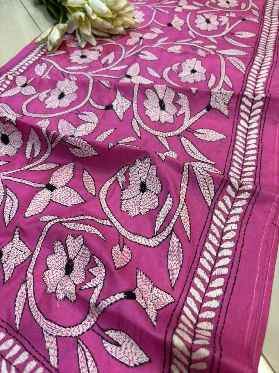 Pink Hand Embroidered Kantha Bangalore Silk Stole - Luxurion World- Crafted Heirlooms