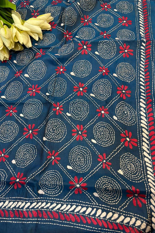 Blue Hand Embroidered Kantha Bangalore Silk Stole - Luxurion World