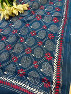 Blue Hand Embroidered Kantha Bangalore Silk Stole - Luxurion World