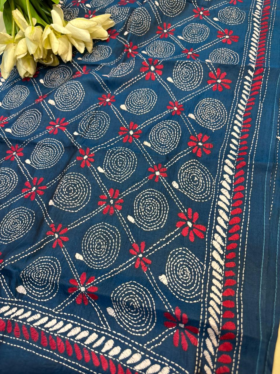 Blue Hand Embroidered Kantha Bangalore Silk Stole - Luxurion World