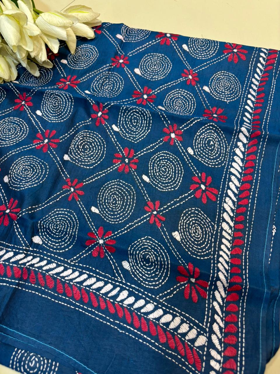 Blue Hand Embroidered Kantha Bangalore Silk Stole - Luxurion World