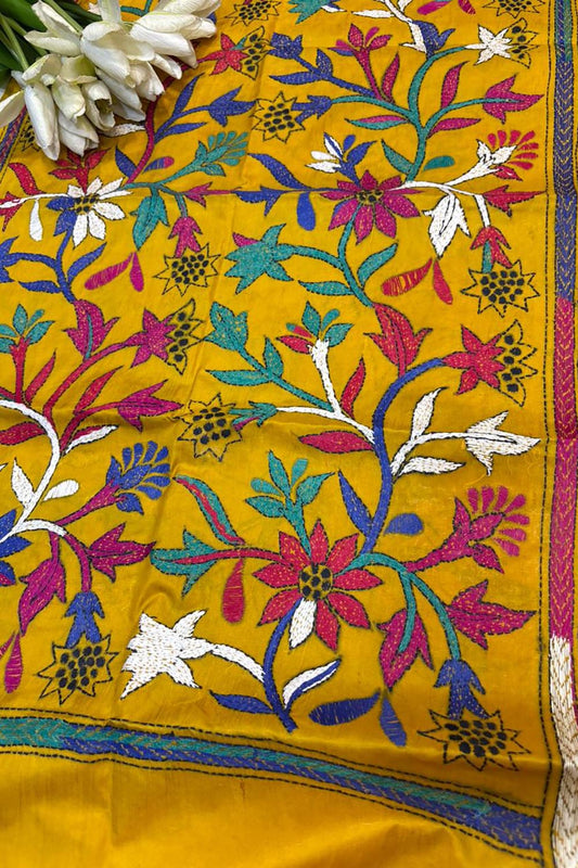 Yellow Hand Embroidered Kantha Bangalore Silk Stole - Luxurion World