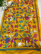Yellow Hand Embroidered Kantha Bangalore Silk Stole - Luxurion World- Crafted Heirlooms
