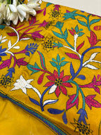 Yellow Hand Embroidered Kantha Bangalore Silk Stole - Luxurion World- Crafted Heirlooms