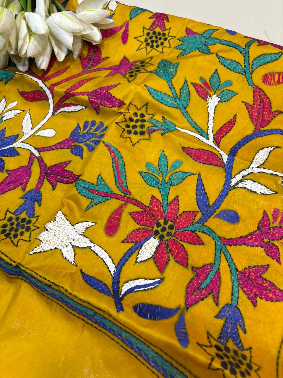 Yellow Hand Embroidered Kantha Bangalore Silk Stole - Luxurion World- Crafted Heirlooms