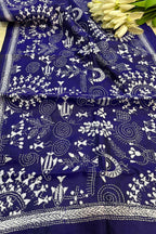 Blue Hand Embroidered Kantha Bangalore Silk Stole - Luxurion World- Crafted Heirlooms
