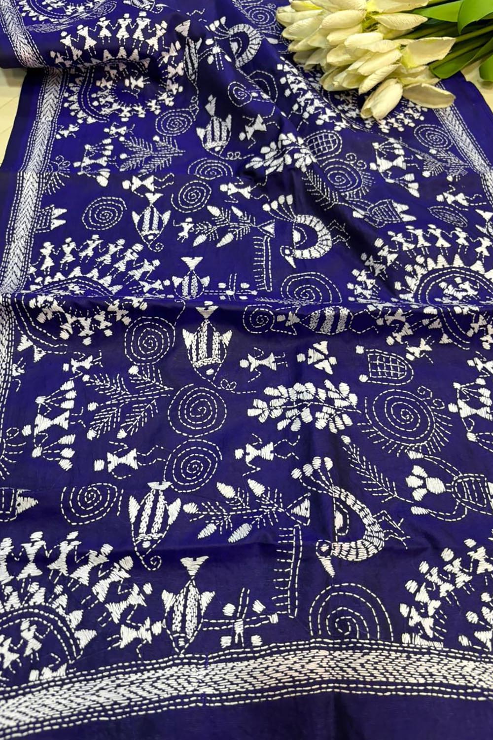 Blue Hand Embroidered Kantha Bangalore Silk Stole - Luxurion World- Crafted Heirlooms