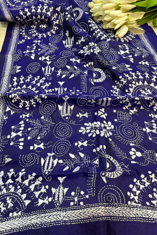 Blue Hand Embroidered Kantha Bangalore Silk Stole - Luxurion World- Crafted Heirlooms