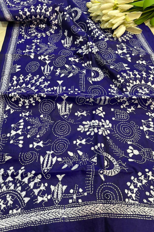 Blue Hand Embroidered Kantha Bangalore Silk Stole - Luxurion World