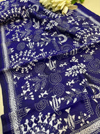 Blue Hand Embroidered Kantha Bangalore Silk Stole - Luxurion World- Crafted Heirlooms