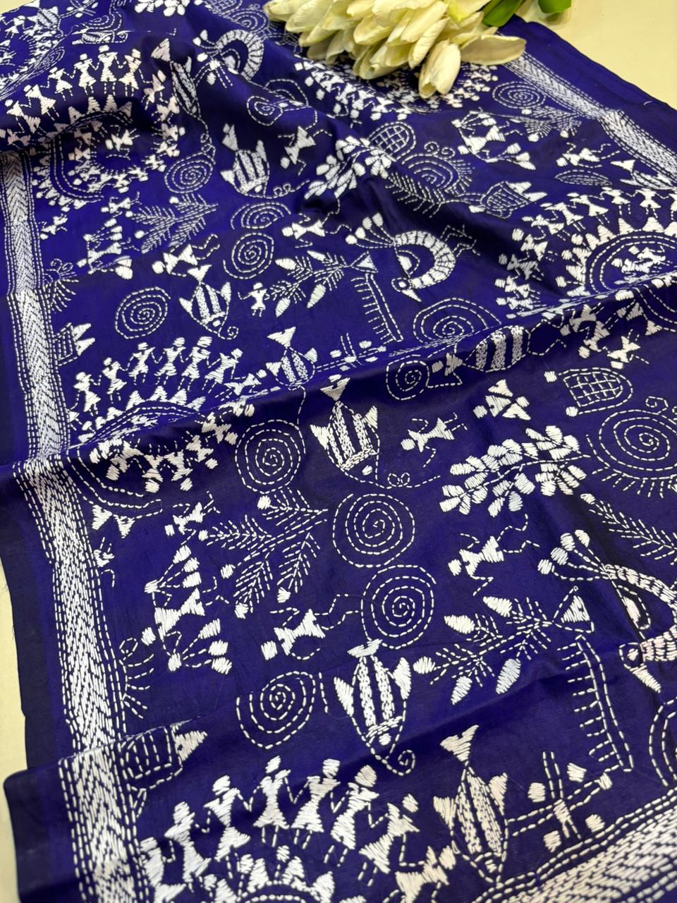 Blue Hand Embroidered Kantha Bangalore Silk Stole - Luxurion World- Crafted Heirlooms
