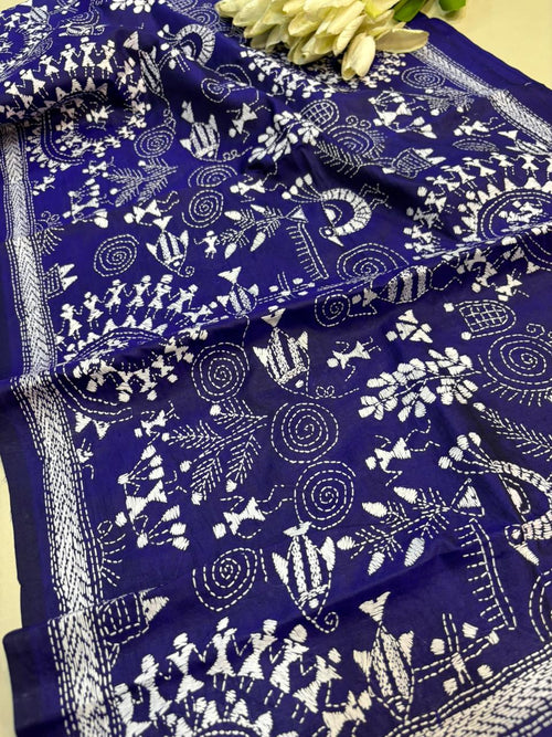 Blue Hand Embroidered Kantha Bangalore Silk Stole - Luxurion World- Crafted Heirlooms