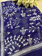 Blue Hand Embroidered Kantha Bangalore Silk Stole - Luxurion World- Crafted Heirlooms