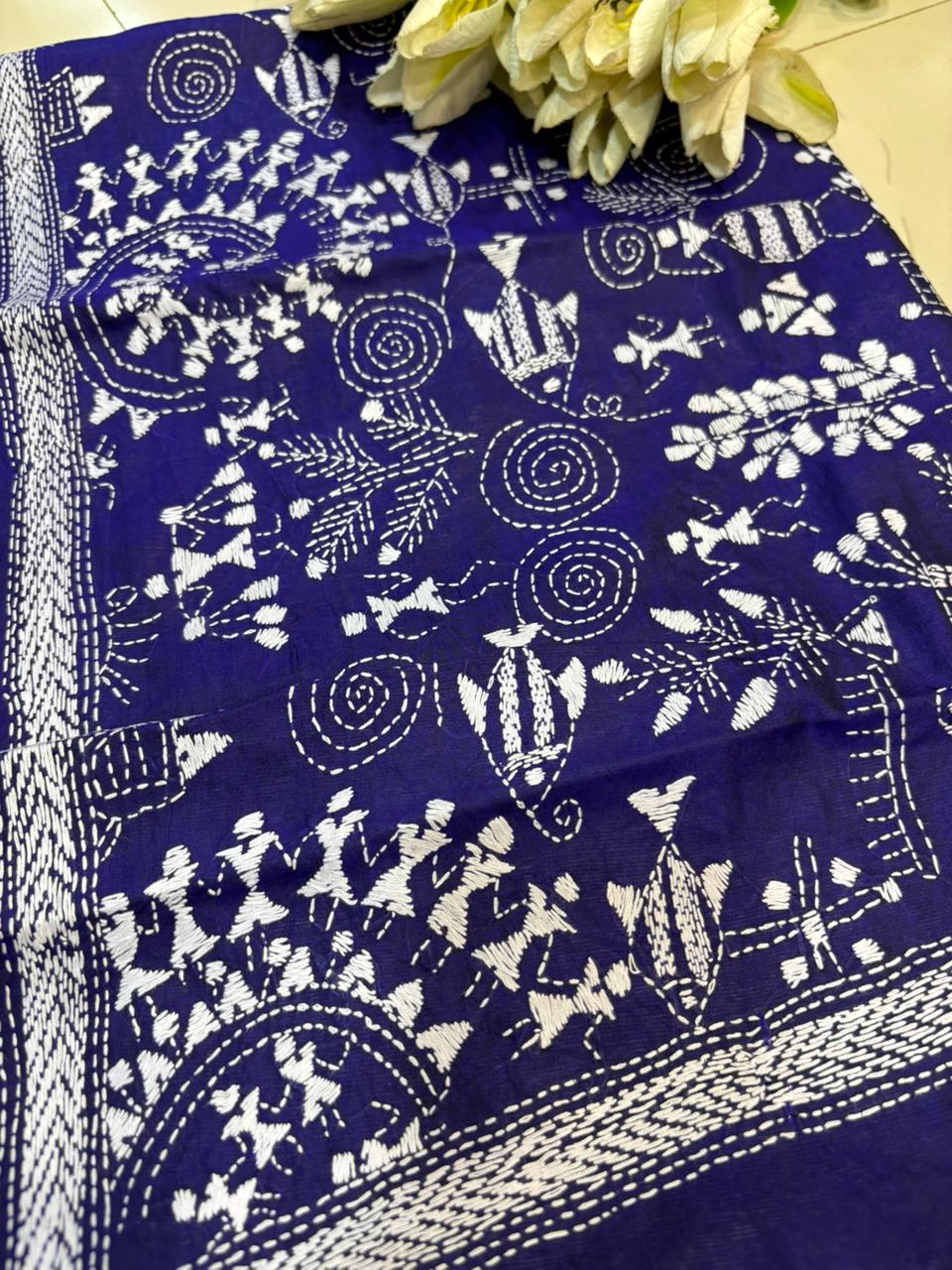 Blue Hand Embroidered Kantha Bangalore Silk Stole - Luxurion World- Crafted Heirlooms