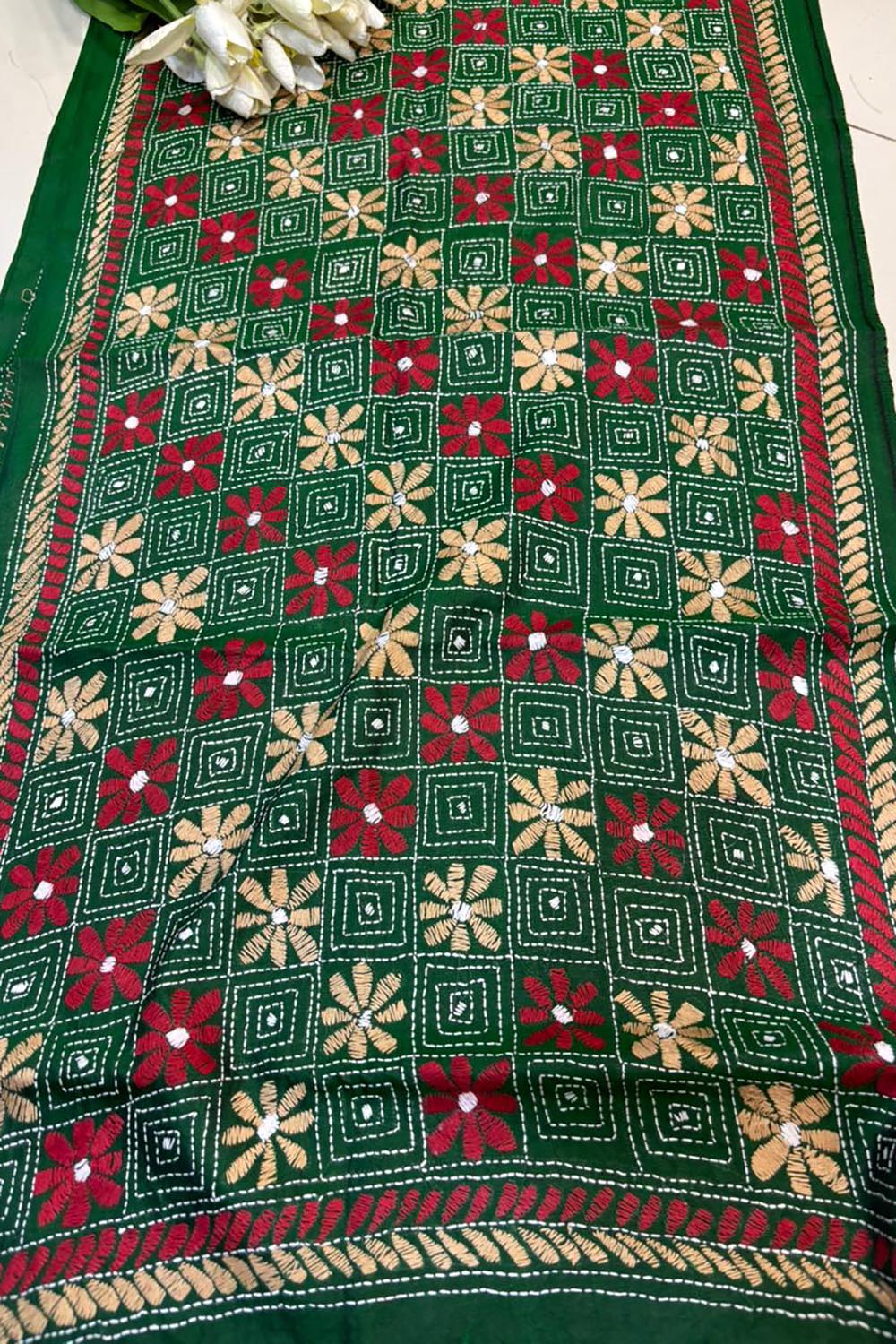 Green Hand Embroidered Kantha Bangalore Silk Stole - Luxurion World- Crafted Heirlooms