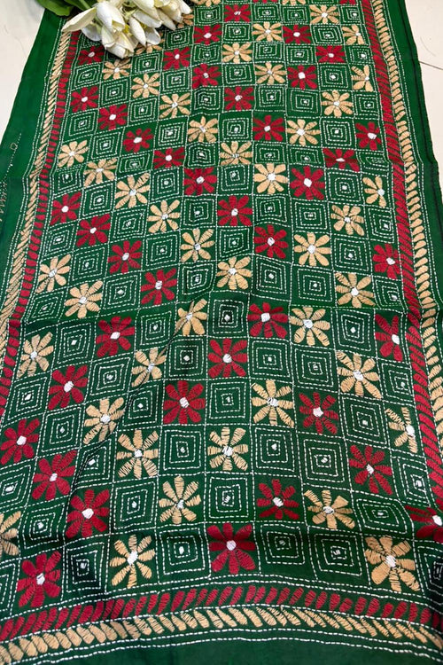 Green Hand Embroidered Kantha Bangalore Silk Stole - Luxurion World- Crafted Heirlooms