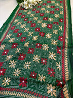 Green Hand Embroidered Kantha Bangalore Silk Stole - Luxurion World- Crafted Heirlooms