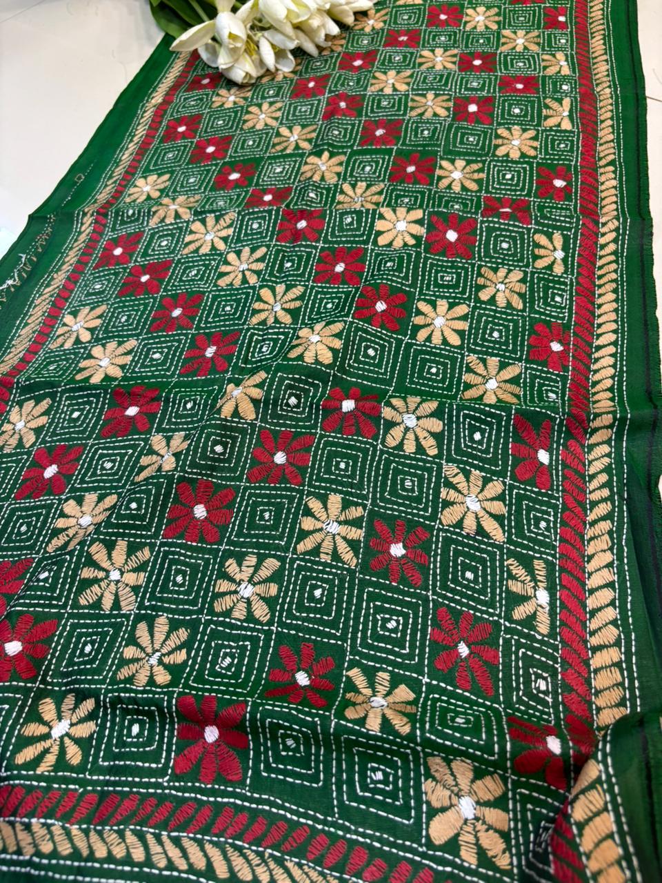 Green Hand Embroidered Kantha Bangalore Silk Stole - Luxurion World- Crafted Heirlooms
