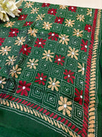 Green Hand Embroidered Kantha Bangalore Silk Stole - Luxurion World- Crafted Heirlooms