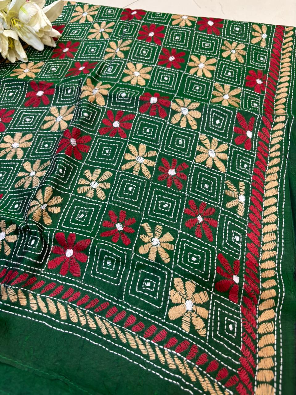 Green Hand Embroidered Kantha Bangalore Silk Stole - Luxurion World- Crafted Heirlooms