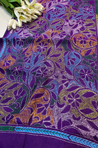 Purple Hand Embroidered Kantha Bangalore Silk Stole - Luxurion World