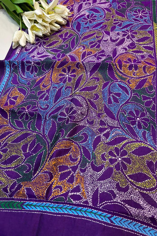 Purple Hand Embroidered Kantha Bangalore Silk Stole - Luxurion World