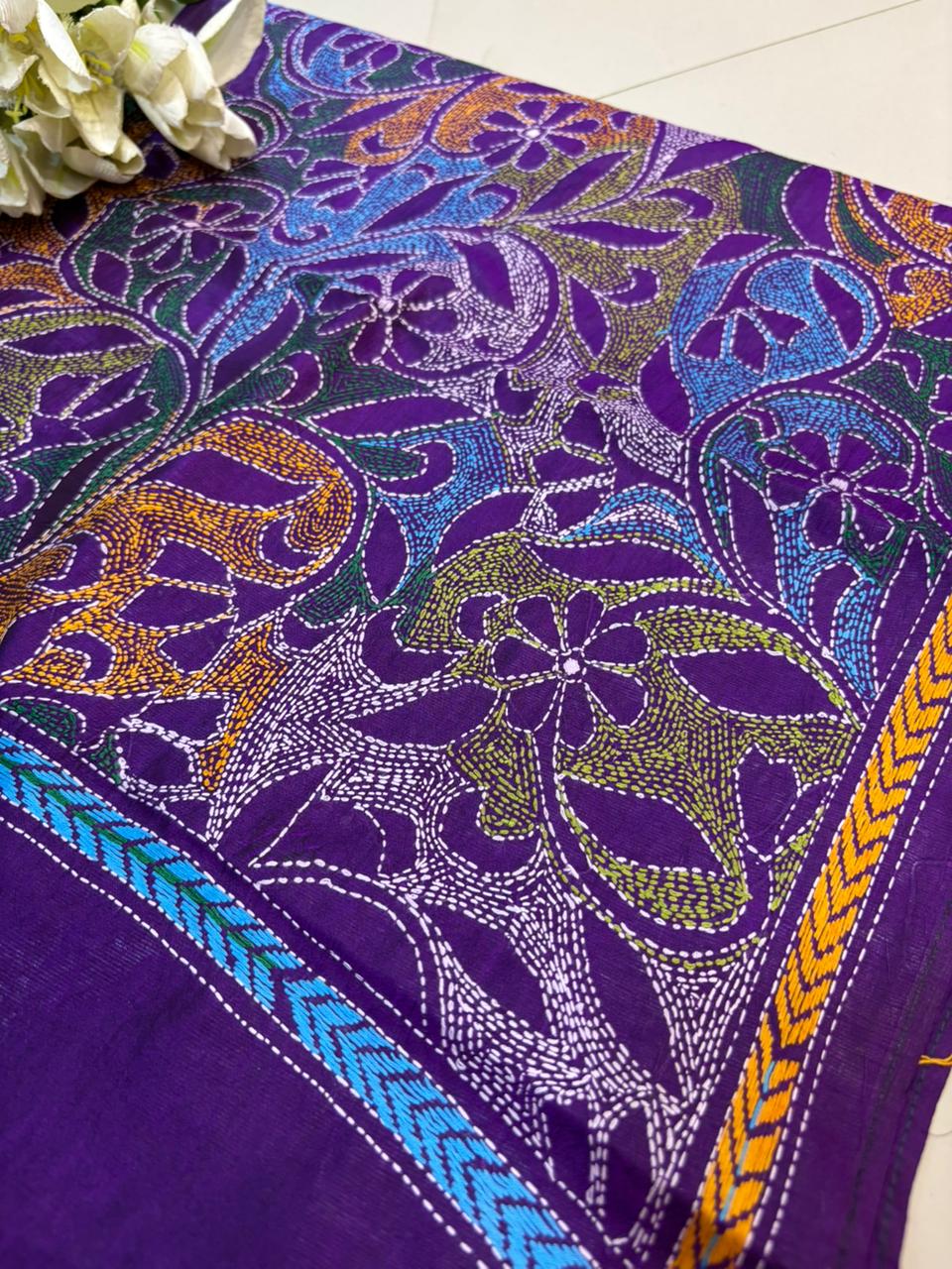 Purple Hand Embroidered Kantha Bangalore Silk Stole - Luxurion World