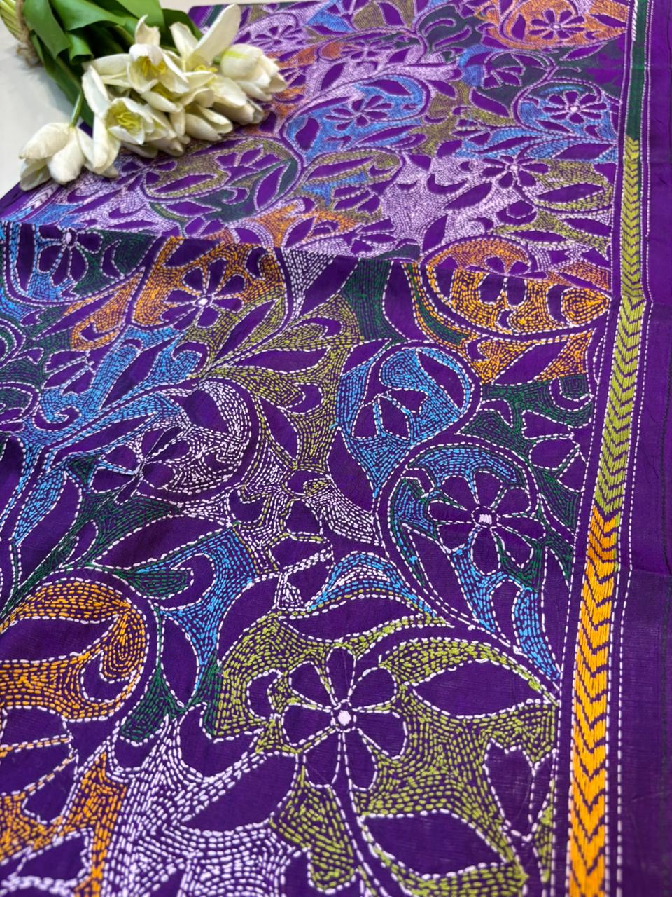 Purple Hand Embroidered Kantha Bangalore Silk Stole - Luxurion World