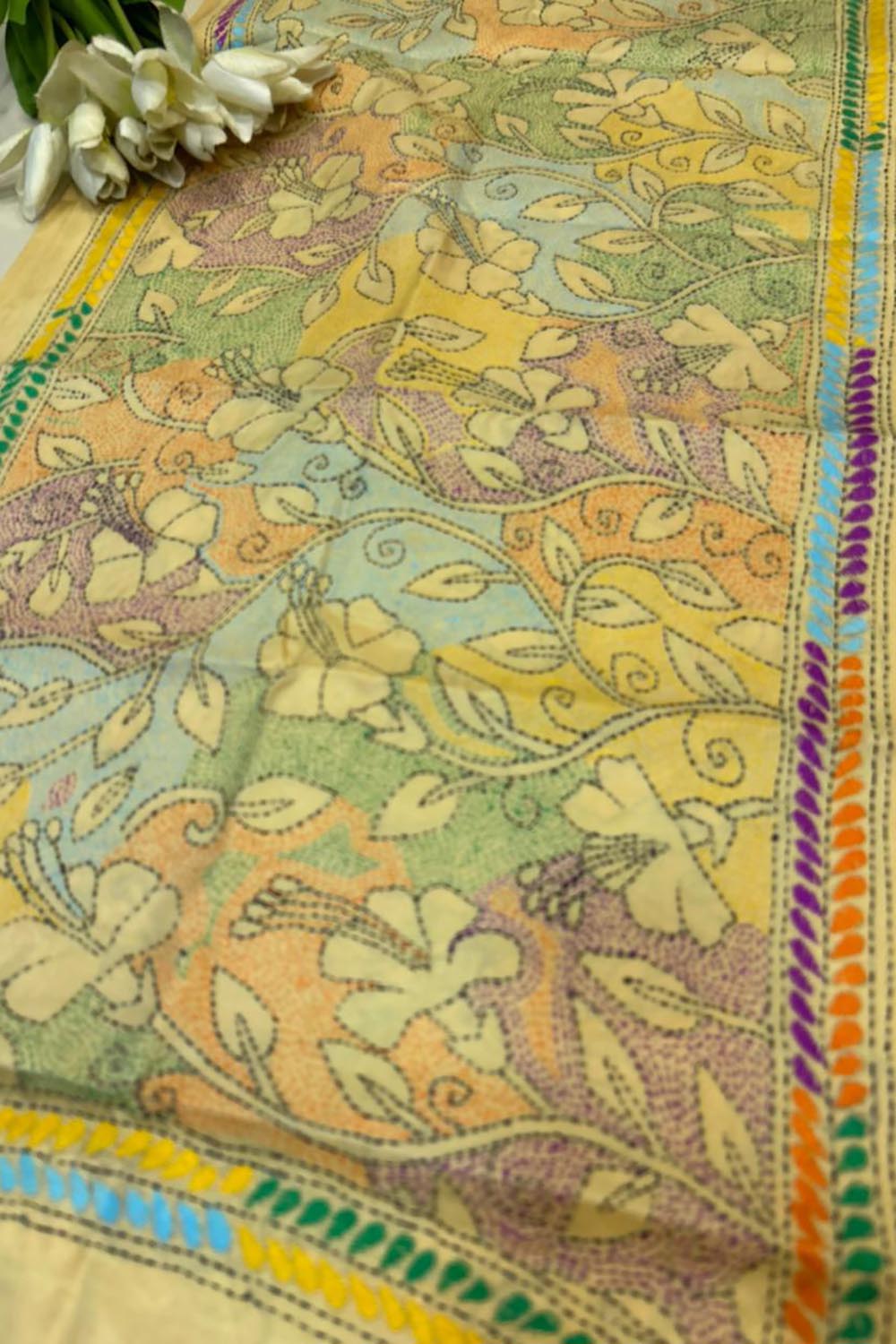 Yellow Hand Embroidered Kantha Bangalore Silk Stole - Luxurion World