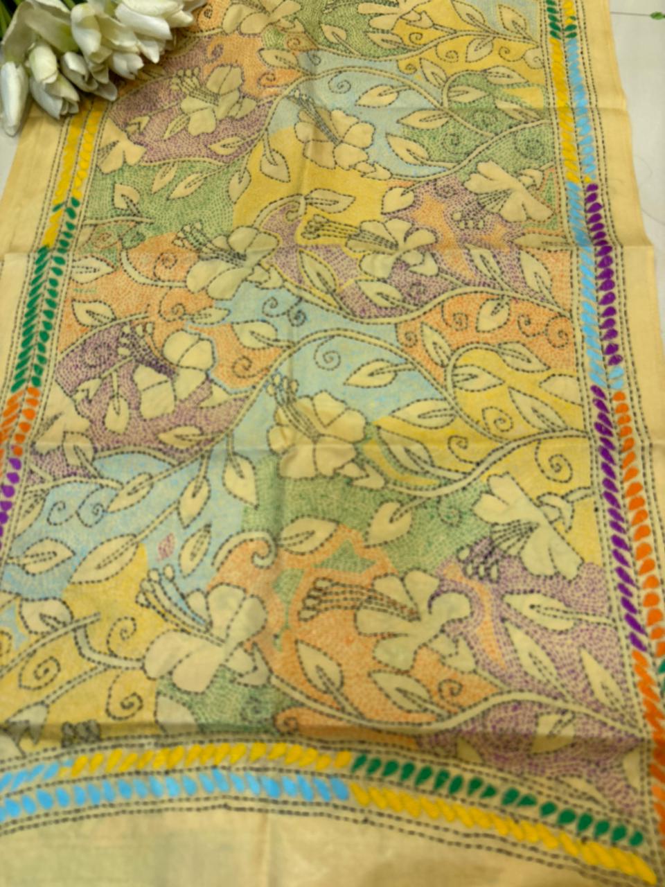 Yellow Hand Embroidered Kantha Bangalore Silk Stole - Luxurion World