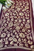 Maroon Hand Embroidered Kantha Bangalore Silk Stole - Luxurion World- Crafted Heirlooms