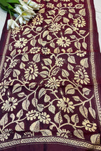 Maroon Hand Embroidered Kantha Bangalore Silk Stole - Luxurion World- Crafted Heirlooms