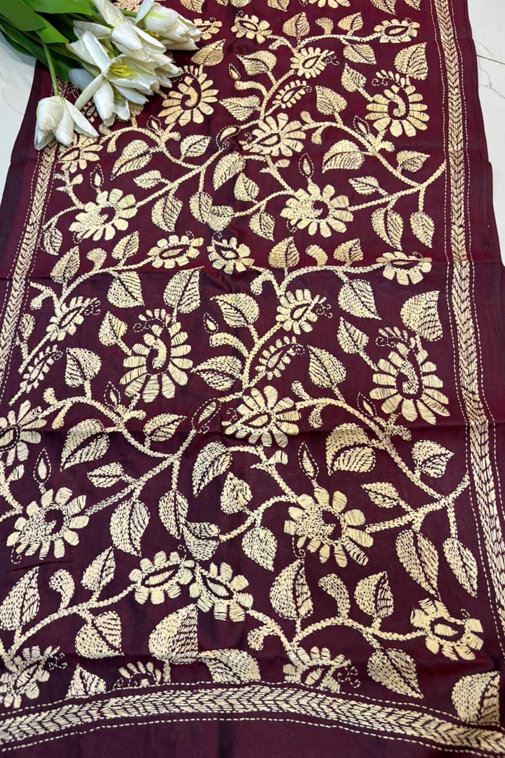 Maroon Hand Embroidered Kantha Bangalore Silk Stole - Luxurion World- Crafted Heirlooms