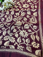 Maroon Hand Embroidered Kantha Bangalore Silk Stole - Luxurion World- Crafted Heirlooms