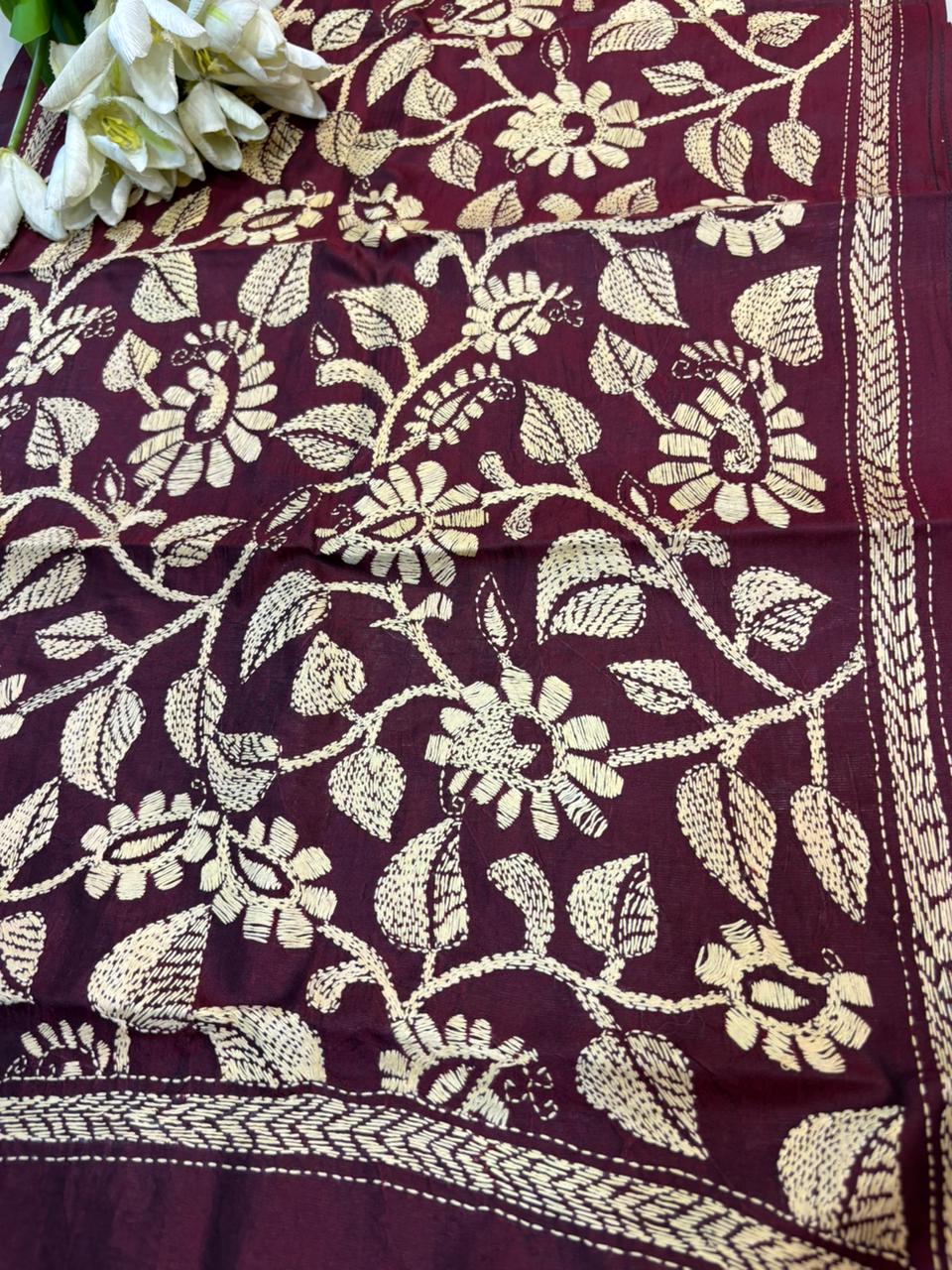 Maroon Hand Embroidered Kantha Bangalore Silk Stole - Luxurion World- Crafted Heirlooms