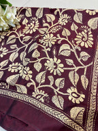 Maroon Hand Embroidered Kantha Bangalore Silk Stole - Luxurion World- Crafted Heirlooms