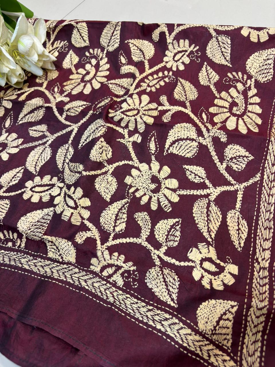 Maroon Hand Embroidered Kantha Bangalore Silk Stole - Luxurion World- Crafted Heirlooms