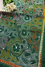 Green Hand Embroidered Kantha Bangalore Silk Stole - Luxurion World- Crafted Heirlooms