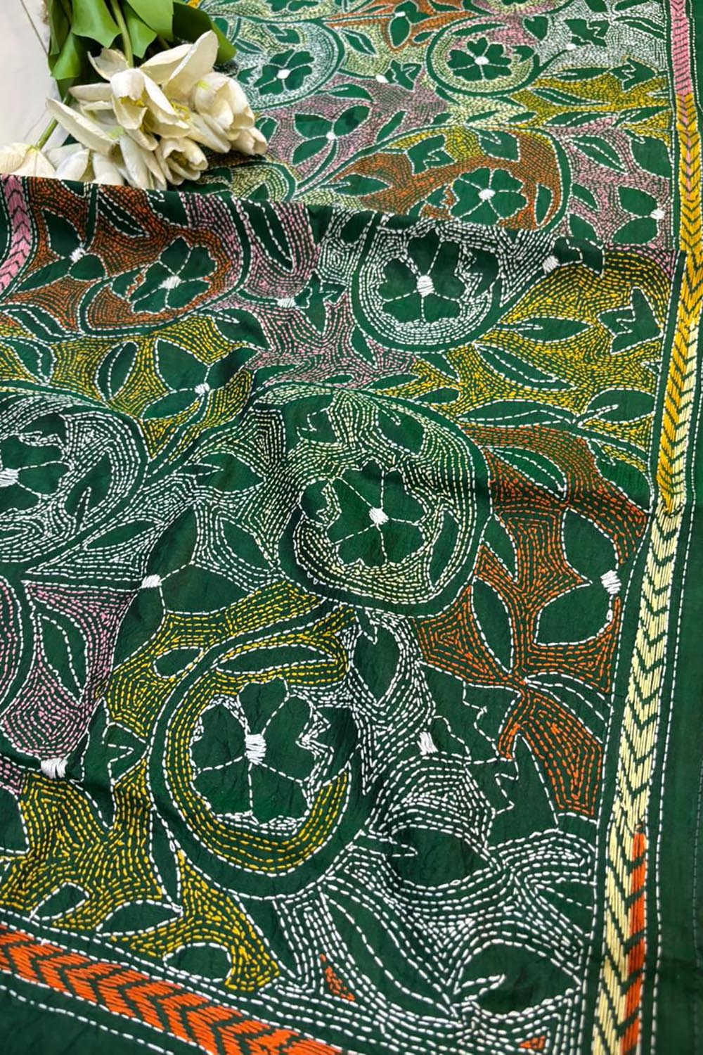 Green Hand Embroidered Kantha Bangalore Silk Stole - Luxurion World- Crafted Heirlooms
