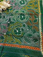 Green Hand Embroidered Kantha Bangalore Silk Stole - Luxurion World- Crafted Heirlooms