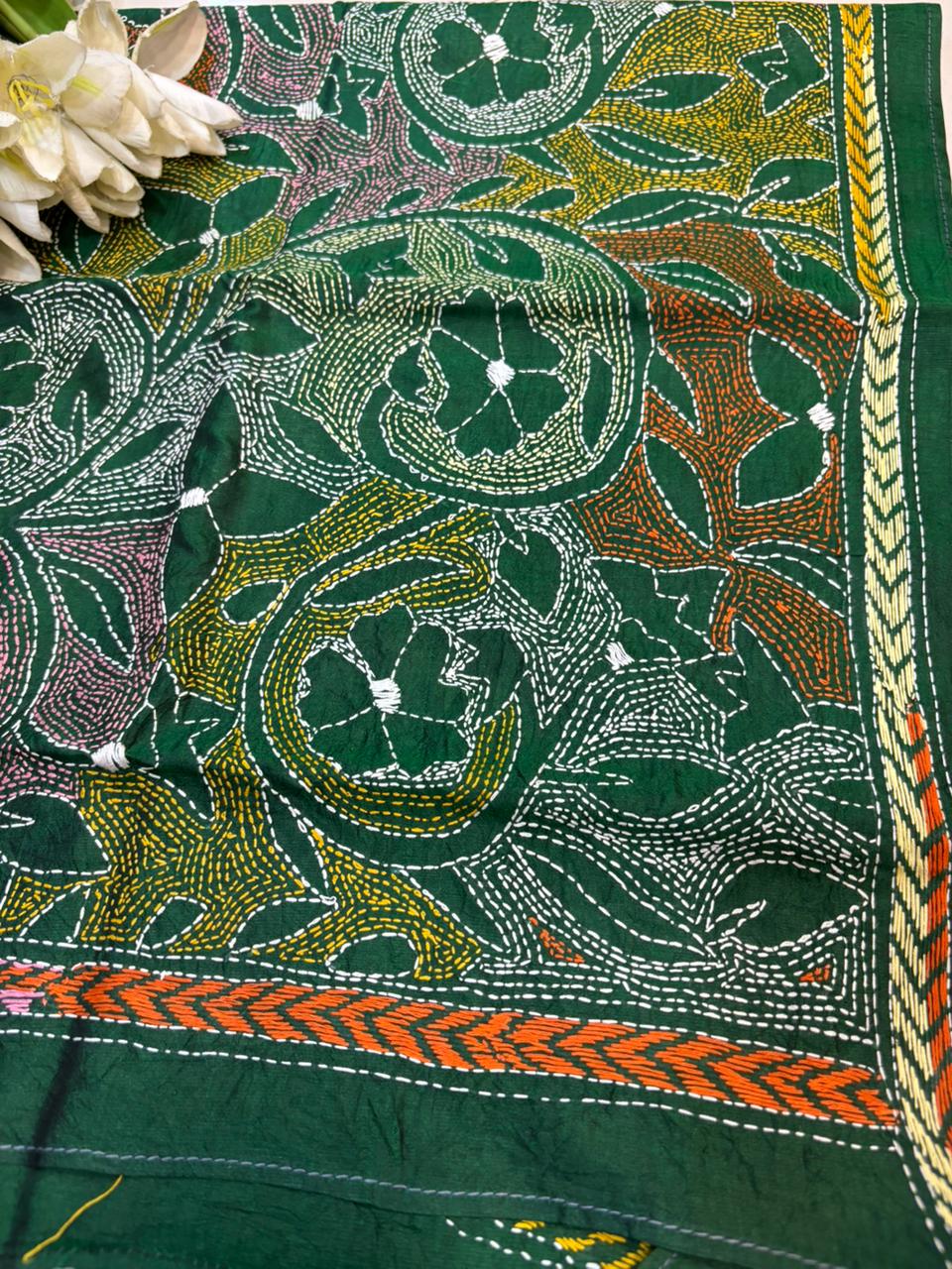 Green Hand Embroidered Kantha Bangalore Silk Stole - Luxurion World- Crafted Heirlooms
