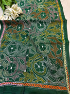 Green Hand Embroidered Kantha Bangalore Silk Stole - Luxurion World- Crafted Heirlooms