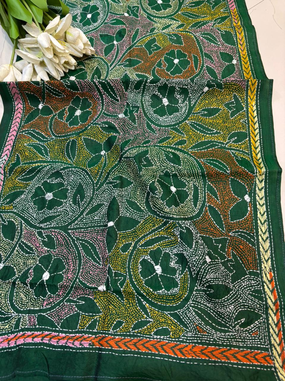 Green Hand Embroidered Kantha Bangalore Silk Stole - Luxurion World- Crafted Heirlooms