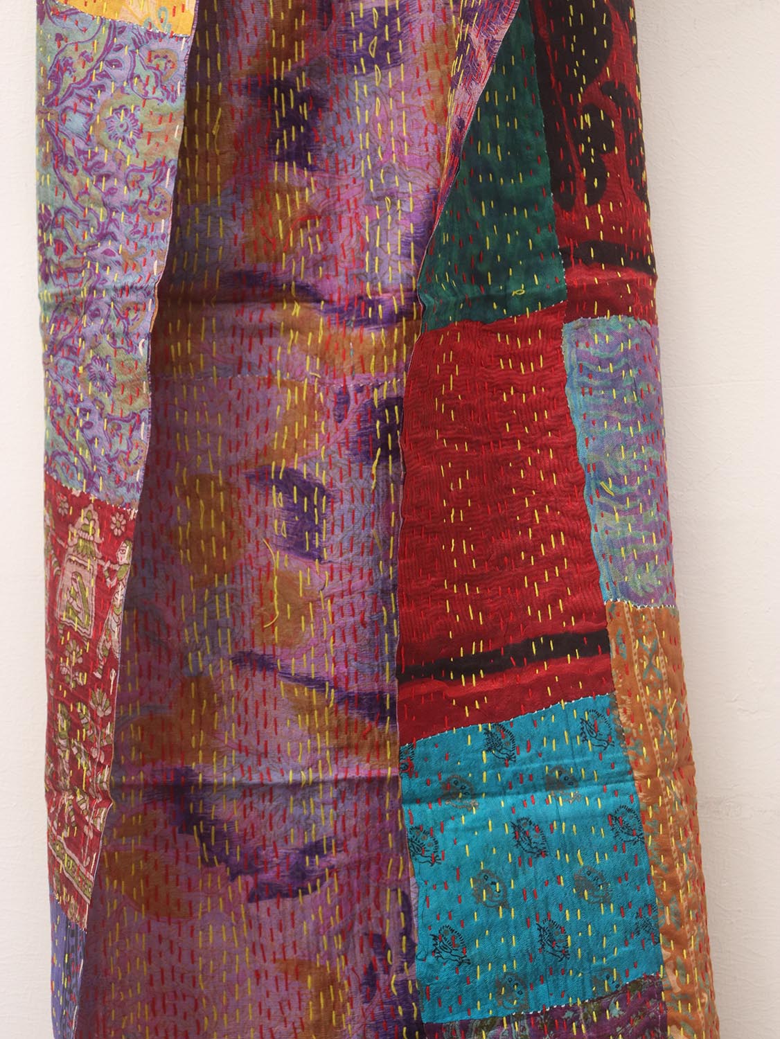 Multicolor Hand Embroidered Kantha Pure Silk Reversible Stole - Luxurion World