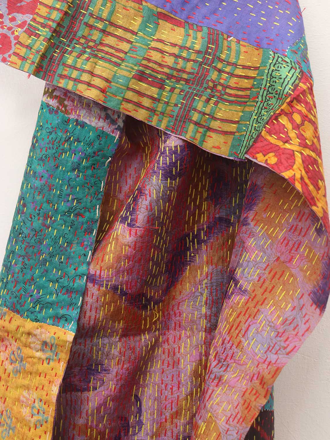 Multicolor Hand Embroidered Kantha Pure Silk Reversible Stole - Luxurion World