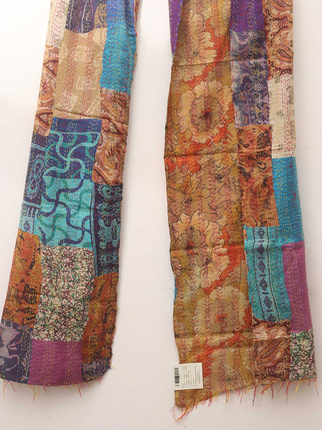 Multicolor Hand Embroidered Kantha Pure Silk Reversible Stole - Luxurion World