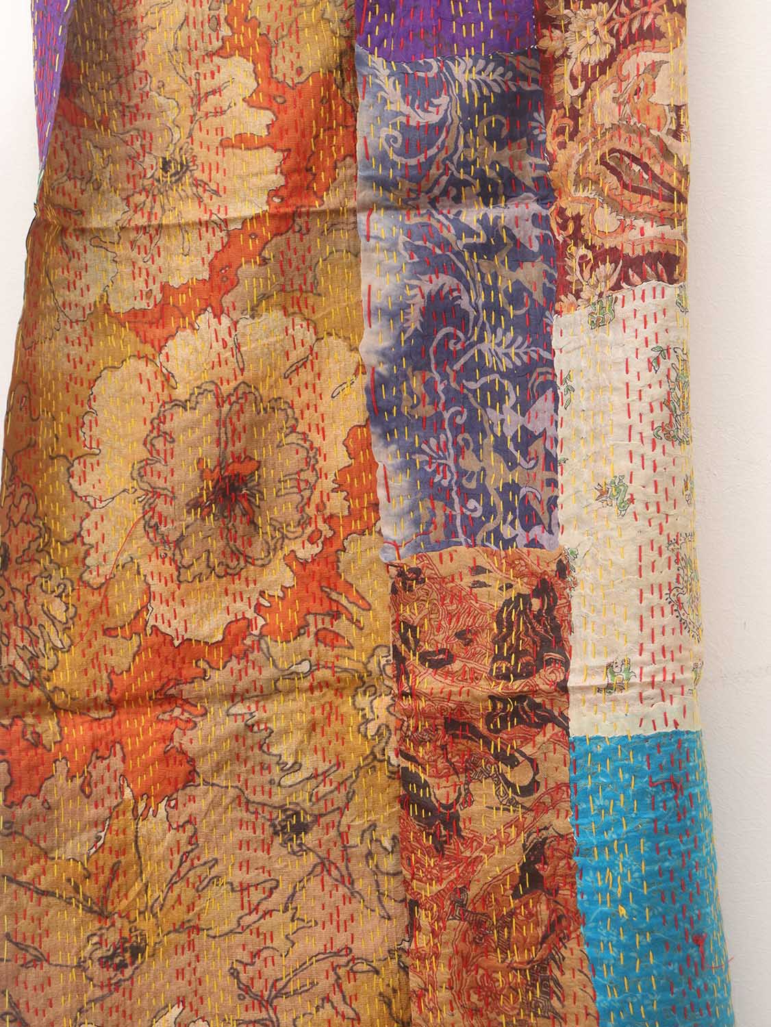 Multicolor Hand Embroidered Kantha Pure Silk Reversible Stole - Luxurion World