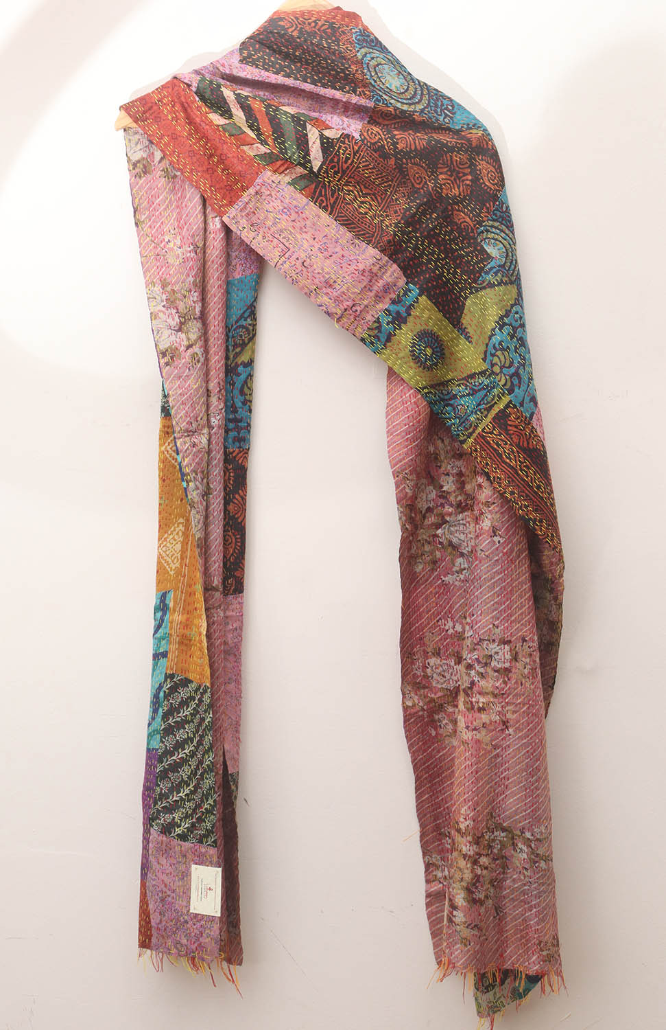 Multicolor Hand Embroidered Kantha Pure Silk Reversible Stole - Luxurion World