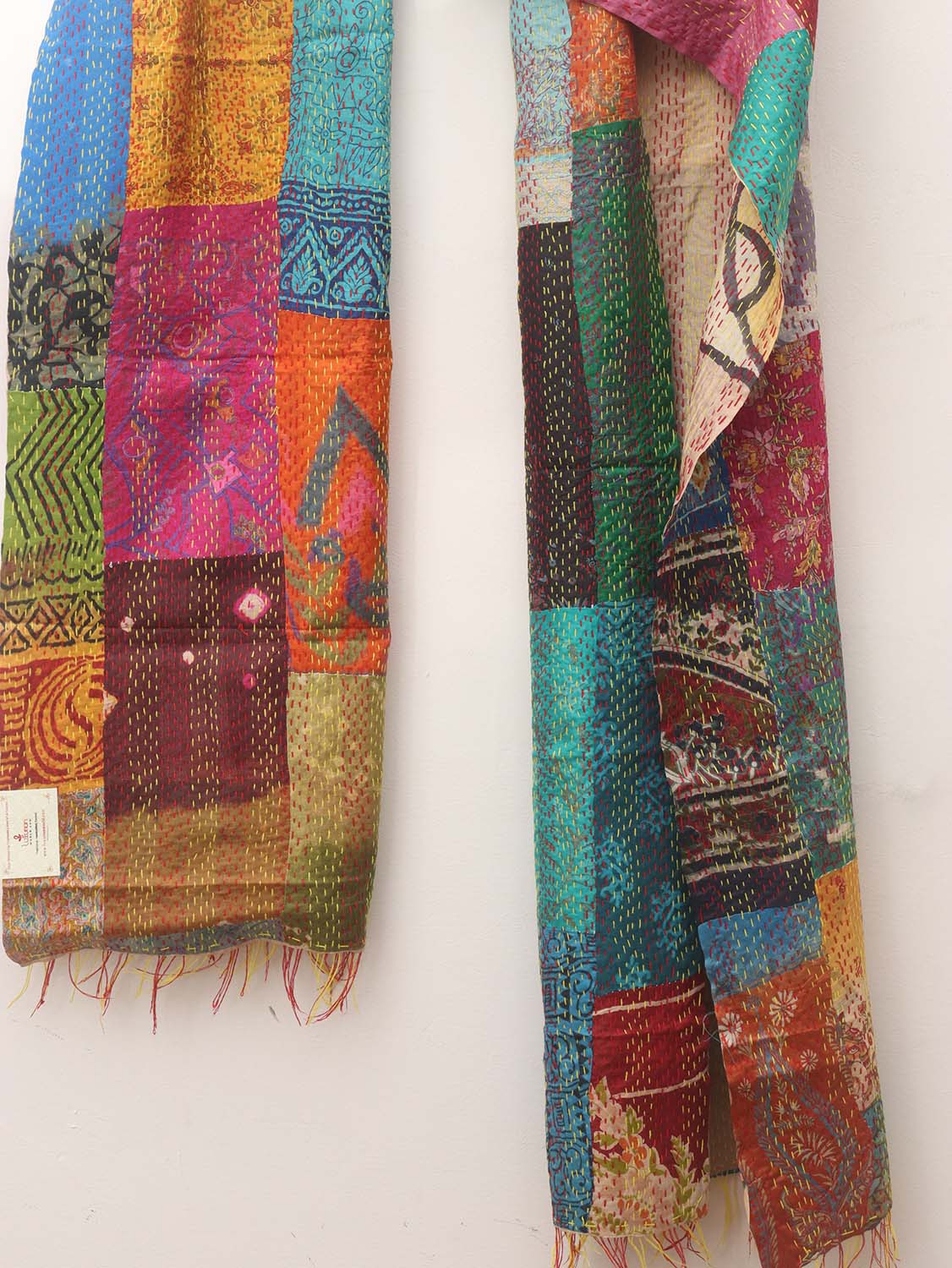 Multicolor Hand Embroidered Kantha Pure Silk Reversible Stole - Luxurion World